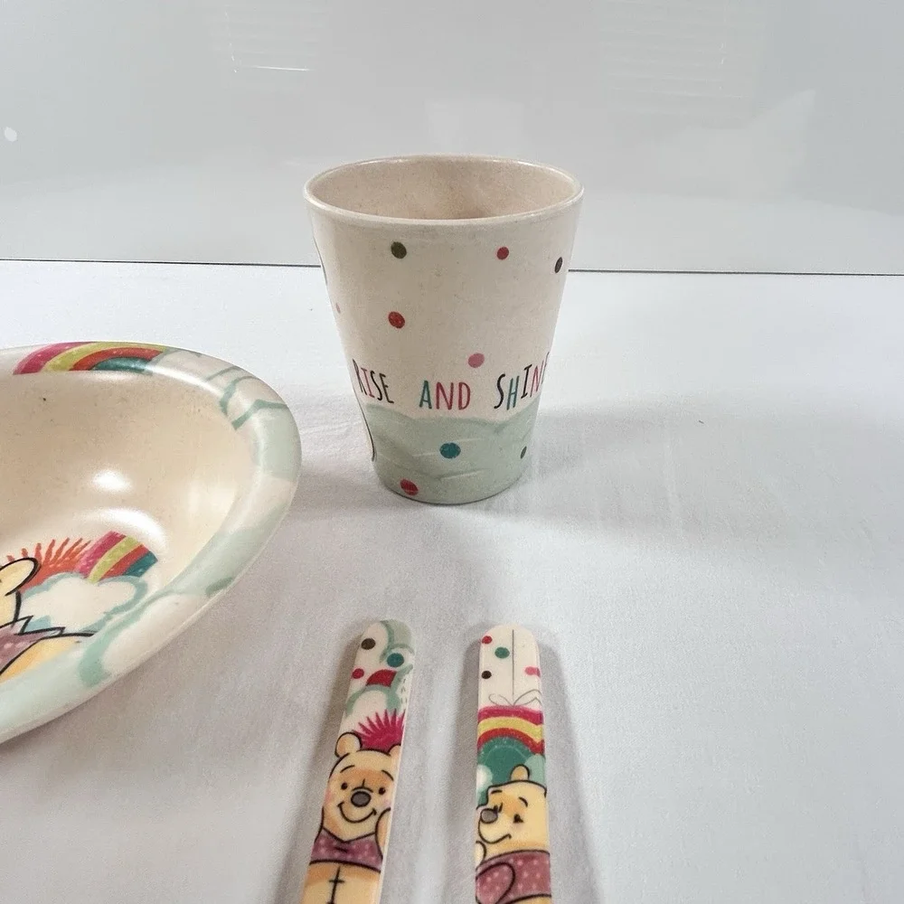 Disney Winnie the Pooh Toddler Dinnerware Bowl Cup Fork Spoon Rise And Shine
